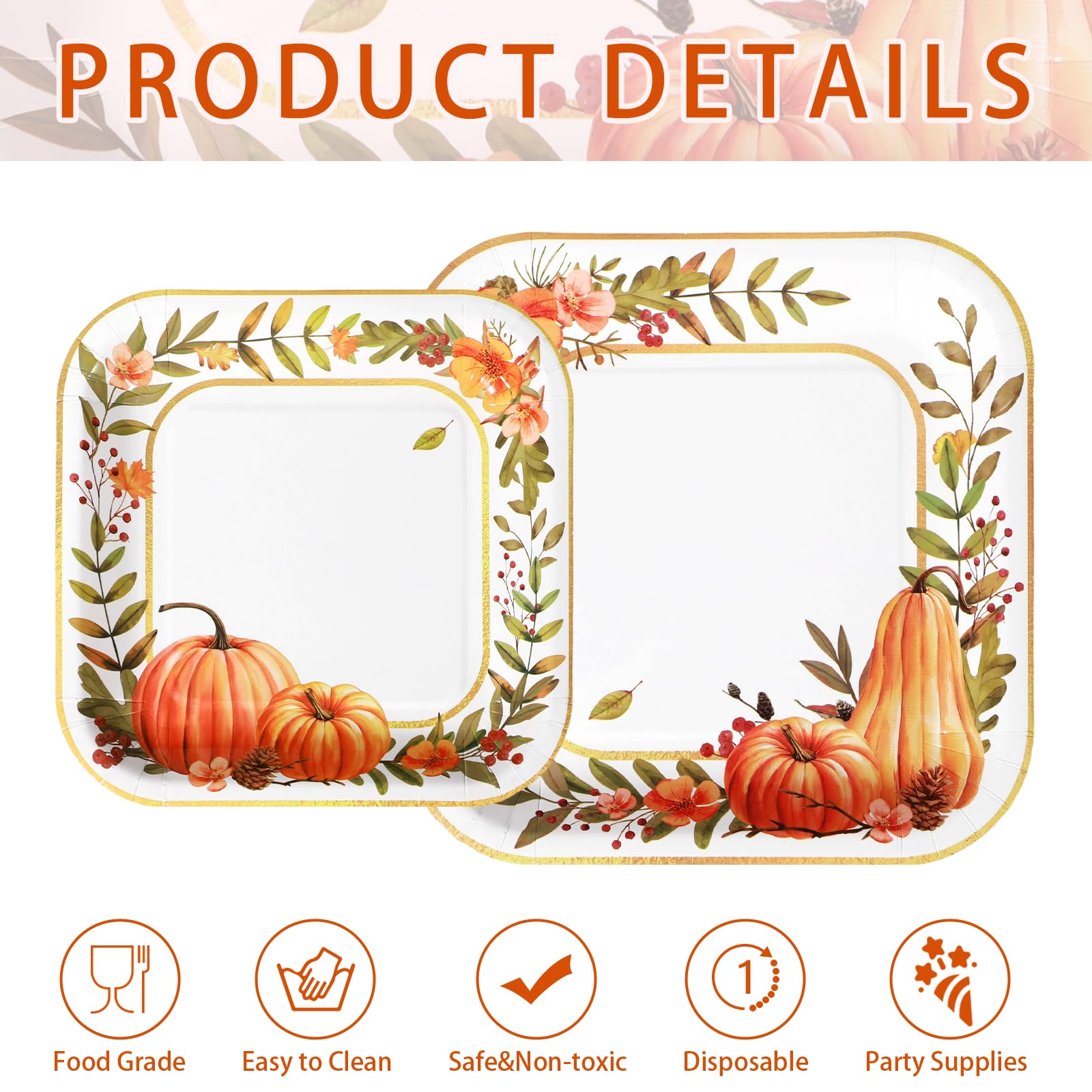 200 Pcs Pumpkin Wreath Square Party Plates and Napkins - Grencian