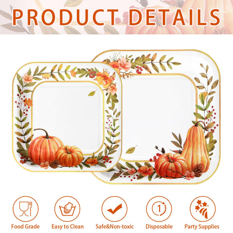 200 Pcs Pumpkin Wreath Square Party Plates and Napkins - Grencian