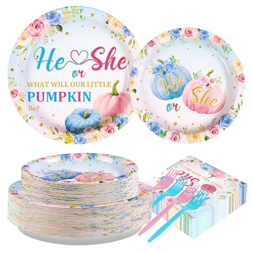 200 Pcs Pumpkin Gender Reveal Party Plates and Napkins - Grencian
