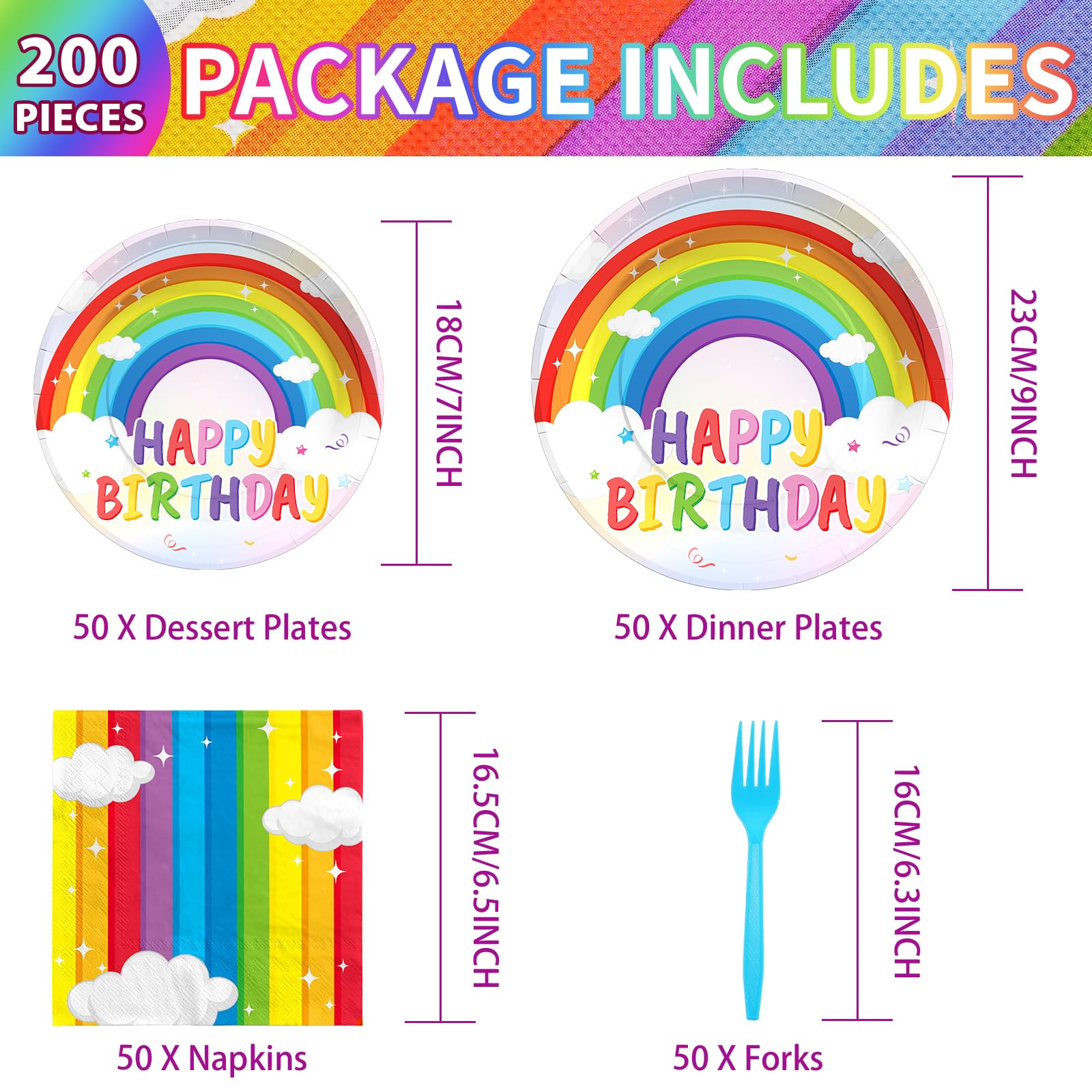 200 Pcs Rainbow Party Plates and Napkins - Grencian