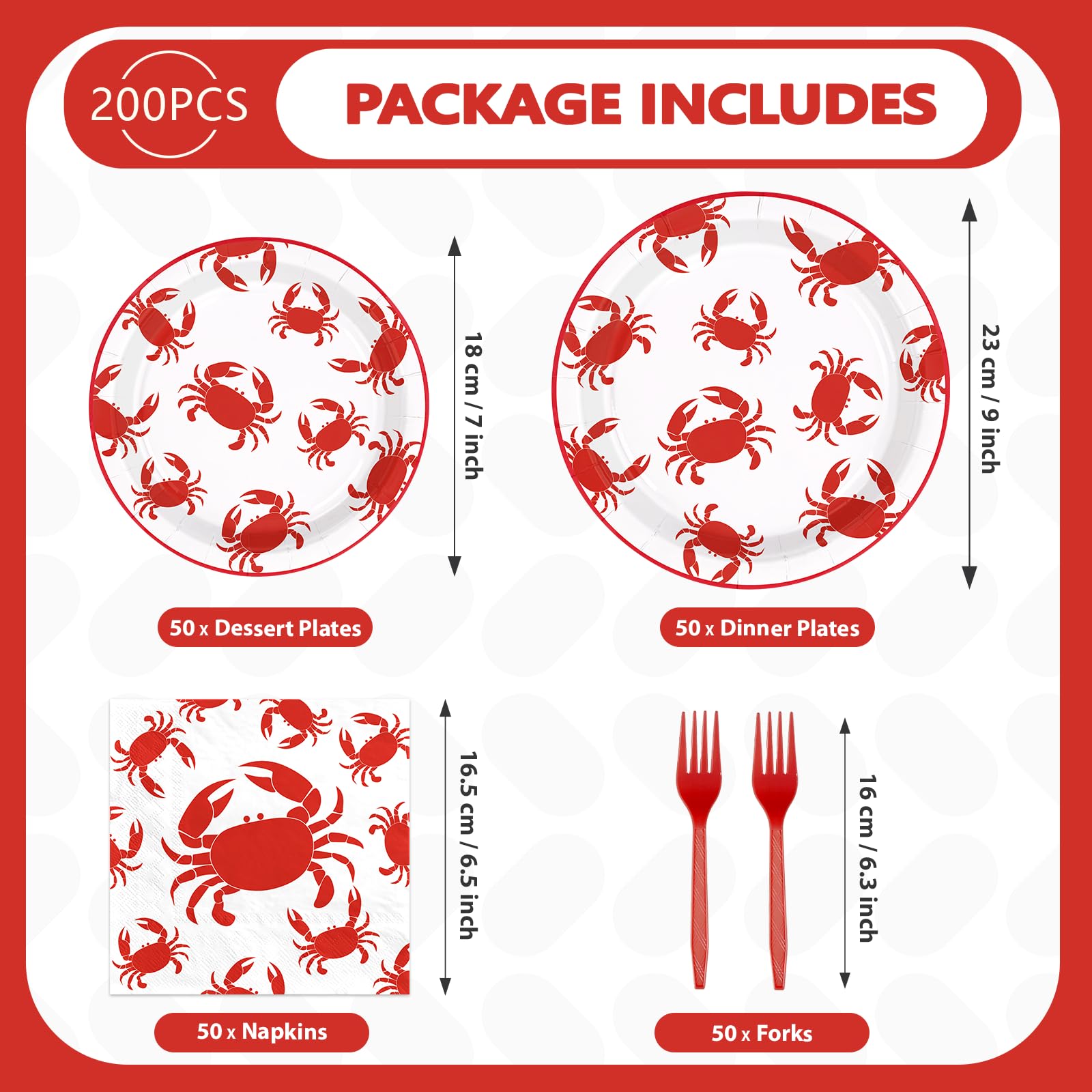 200 Pcs Red Crabs Party Plates and Napkins - Grencian