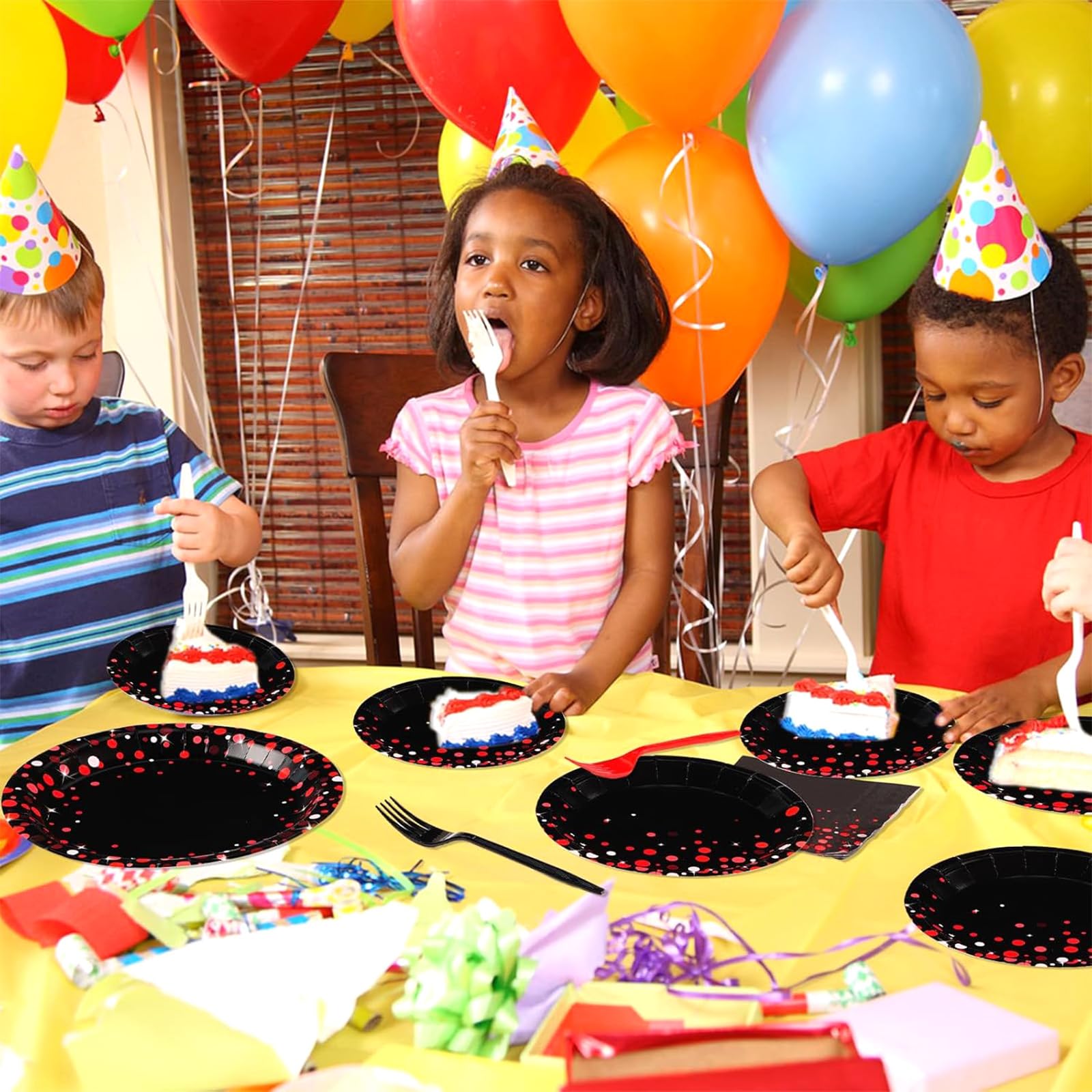 200 Pcs Red Dot on Black Party Plates and Napkins - Grencian