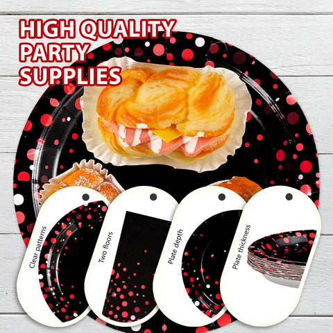 200 Pcs Red Dot on Black Party Plates and Napkins - Grencian