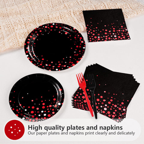 200 Pcs Red Dot on Black Party Plates and Napkins - Grencian