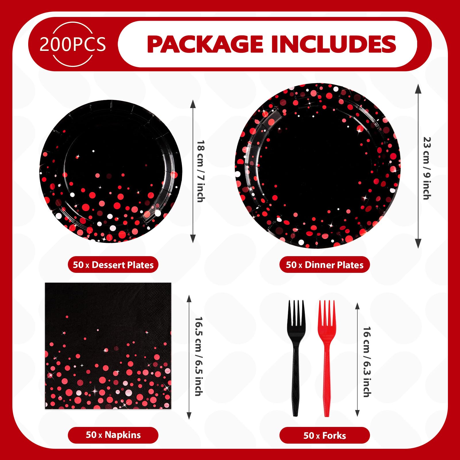 200 Pcs Red Dot on Black Party Plates and Napkins - Grencian