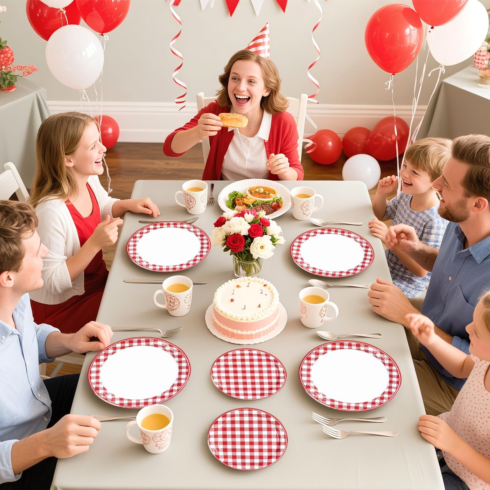 200 Pcs Red Gingham Party Plates and Napkins - Grencian