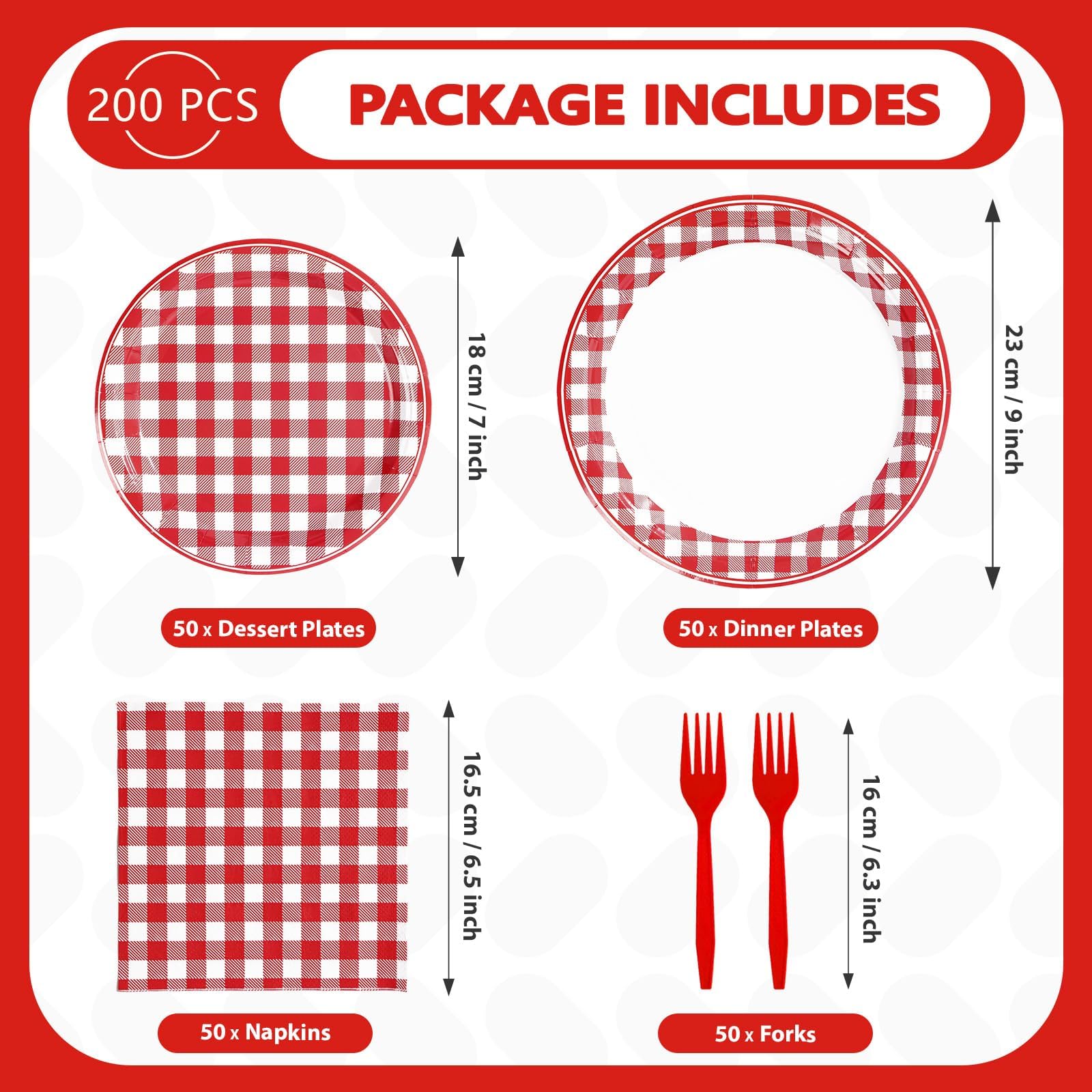 200 Pcs Red Gingham Party Plates and Napkins - Grencian
