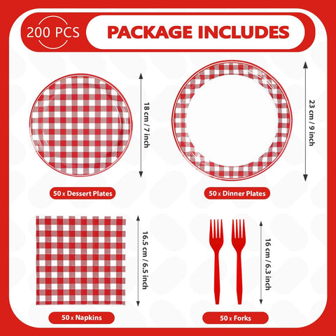 200 Pcs Red Gingham Party Plates and Napkins - Grencian