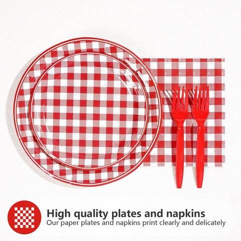 200 Pcs Red Gingham Party Plates and Napkins - Grencian