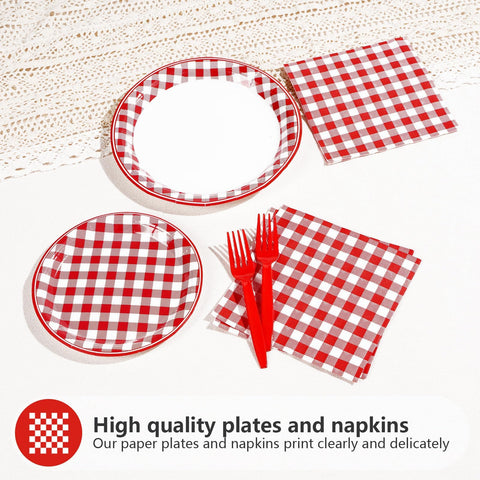200 Pcs Red Gingham Party Plates and Napkins - Grencian