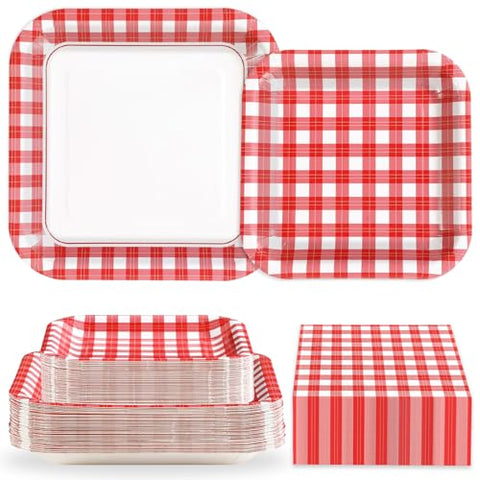 200 Pcs Red Gingham Square Party Plates and Napkins