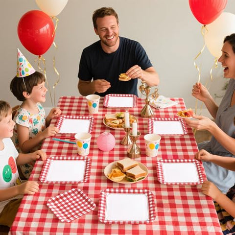 200 Pcs Red Gingham Square Party Plates and Napkins