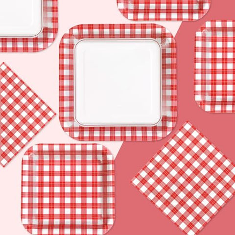 200 Pcs Red Gingham Square Party Plates and Napkins