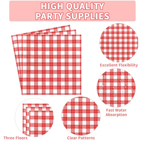 200 Pcs Red Gingham Square Party Plates and Napkins