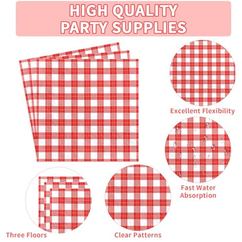 200 Pcs Red Gingham Square Party Plates and Napkins