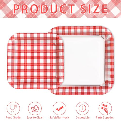 200 Pcs Red Gingham Square Party Plates and Napkins