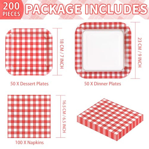 200 Pcs Red Gingham Square Party Plates and Napkins