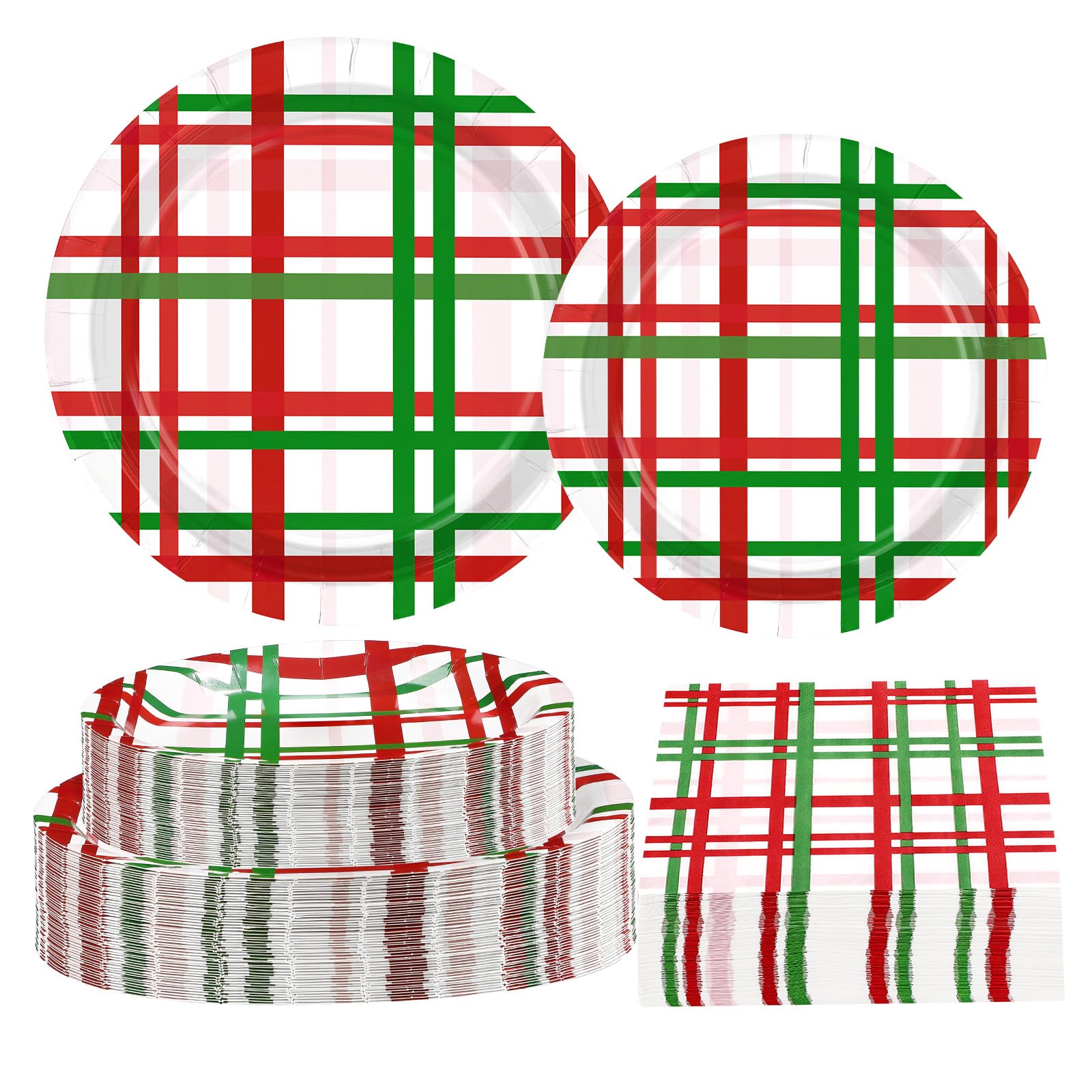 200 Pcs Red Green Buffalo Plaid Party Plates and Napkins - Grencian