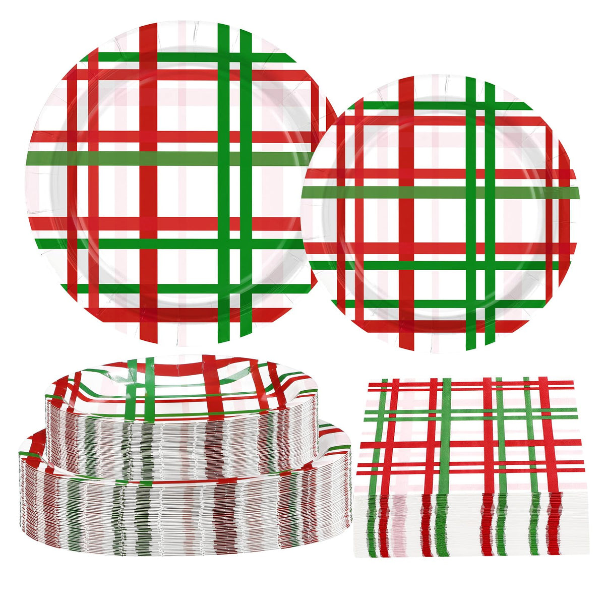 200 Pcs Red Green Buffalo Plaid Party Plates and Napkins - Grencian
