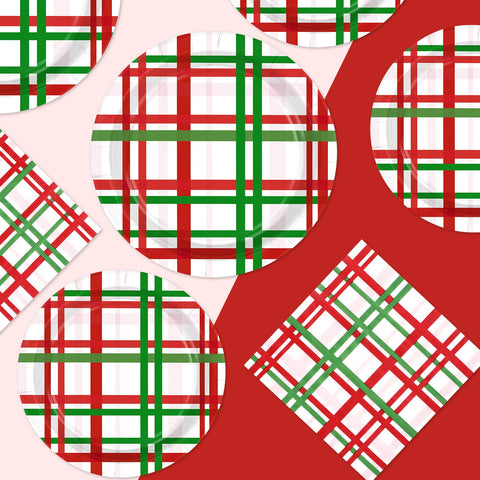 200 Pcs Red Green Buffalo Plaid Party Plates and Napkins - Grencian
