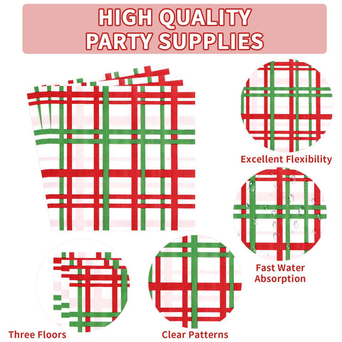 200 Pcs Red Green Buffalo Plaid Party Plates and Napkins - Grencian