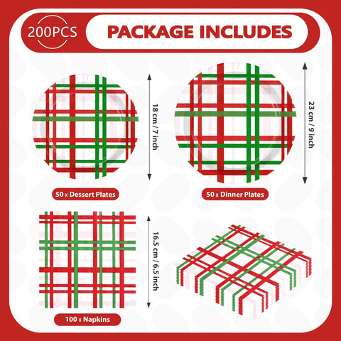 200 Pcs Red Green Buffalo Plaid Party Plates and Napkins - Grencian