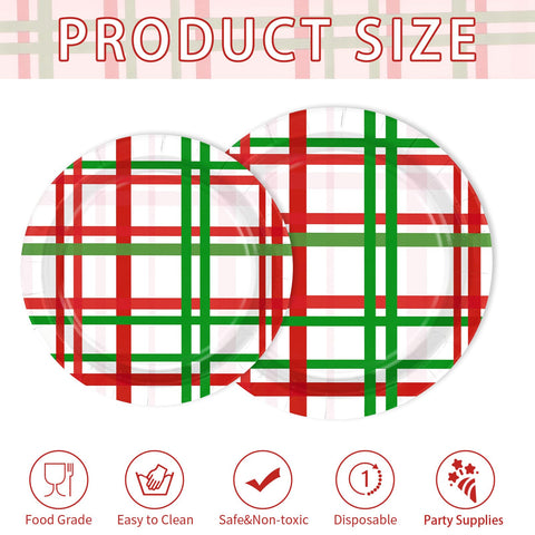 200 Pcs Red Green Buffalo Plaid Party Plates and Napkins - Grencian