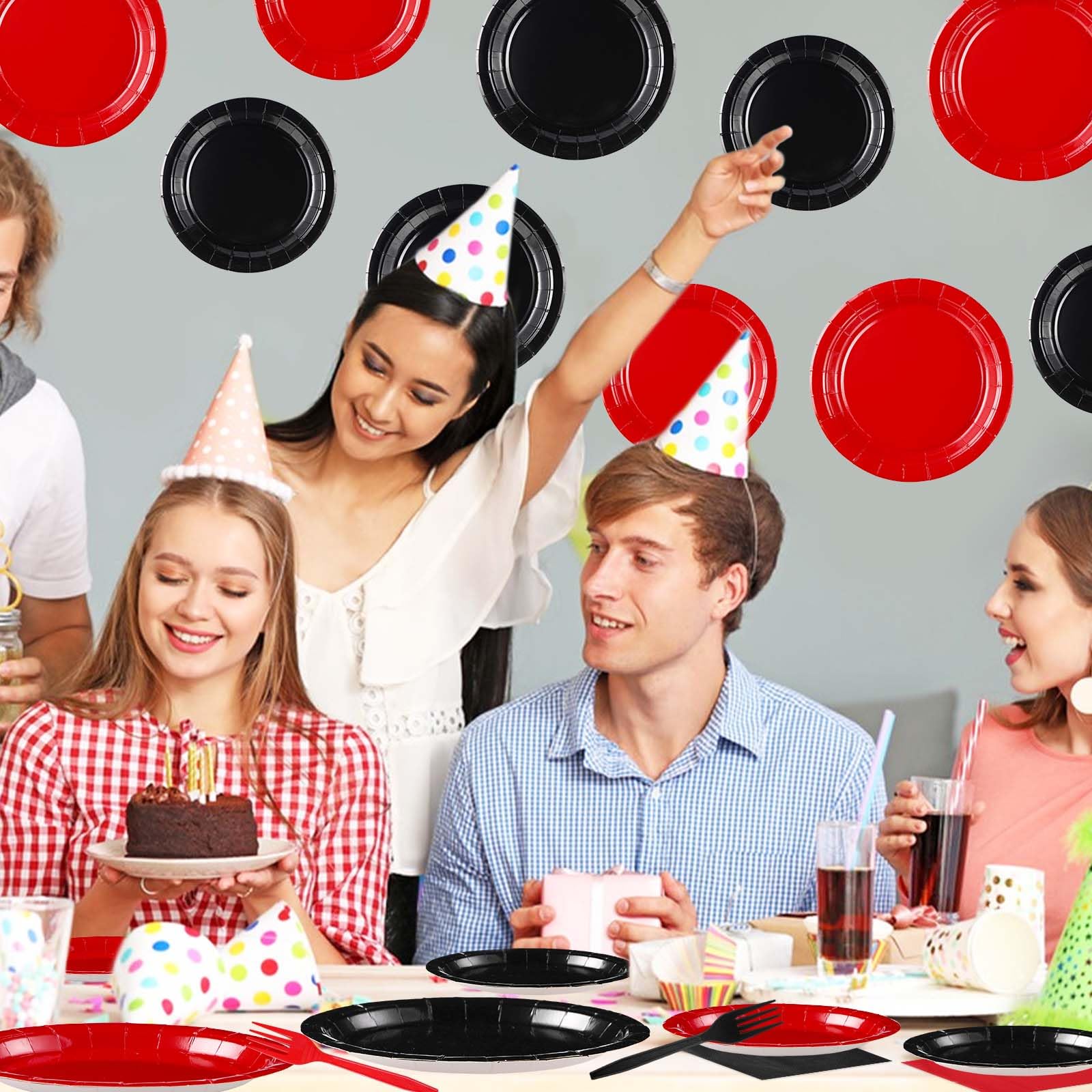 200 Pcs Red and Black Party Plates and Napkins - Grencian