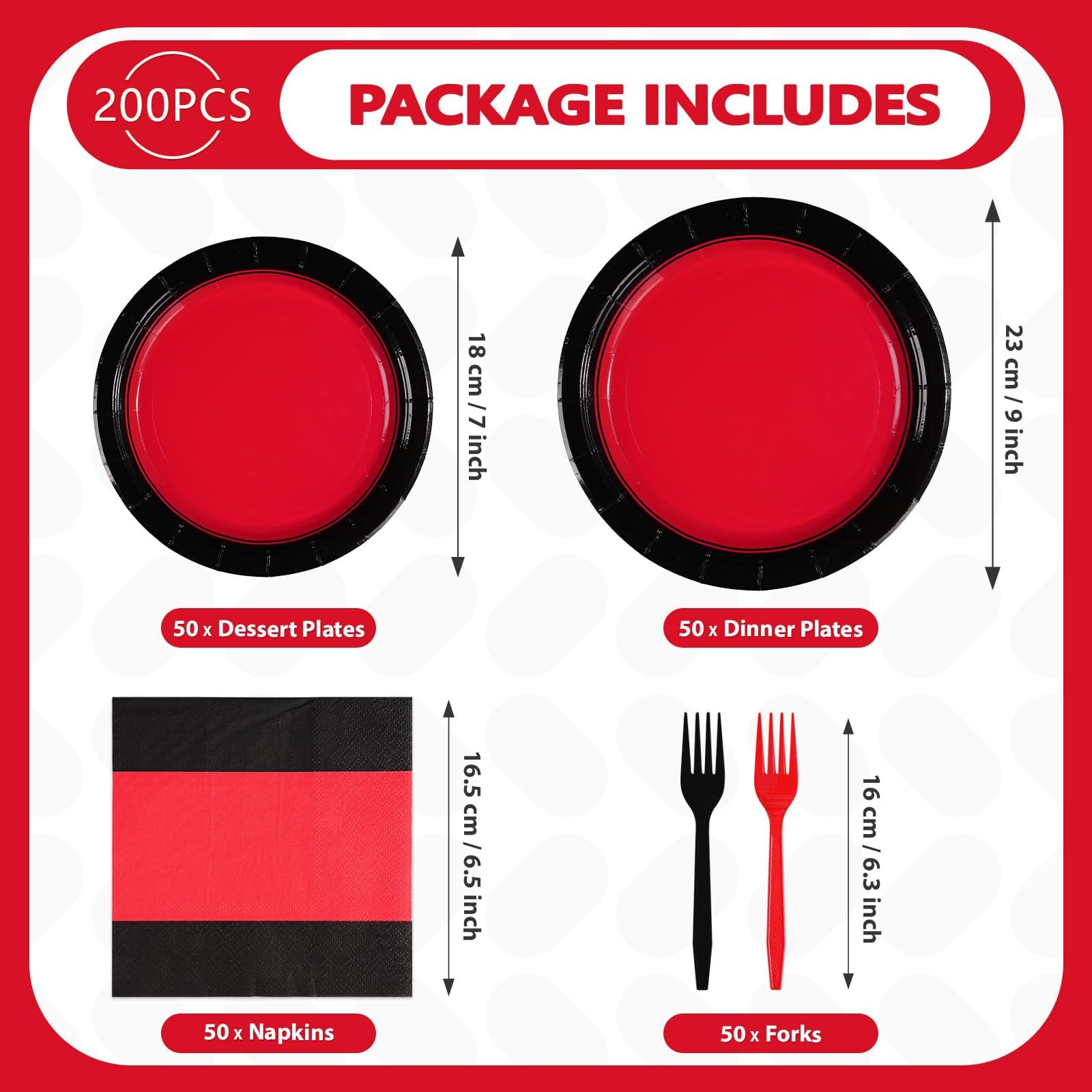 200 Pcs Red and Black Party Plates and Napkins - Grencian