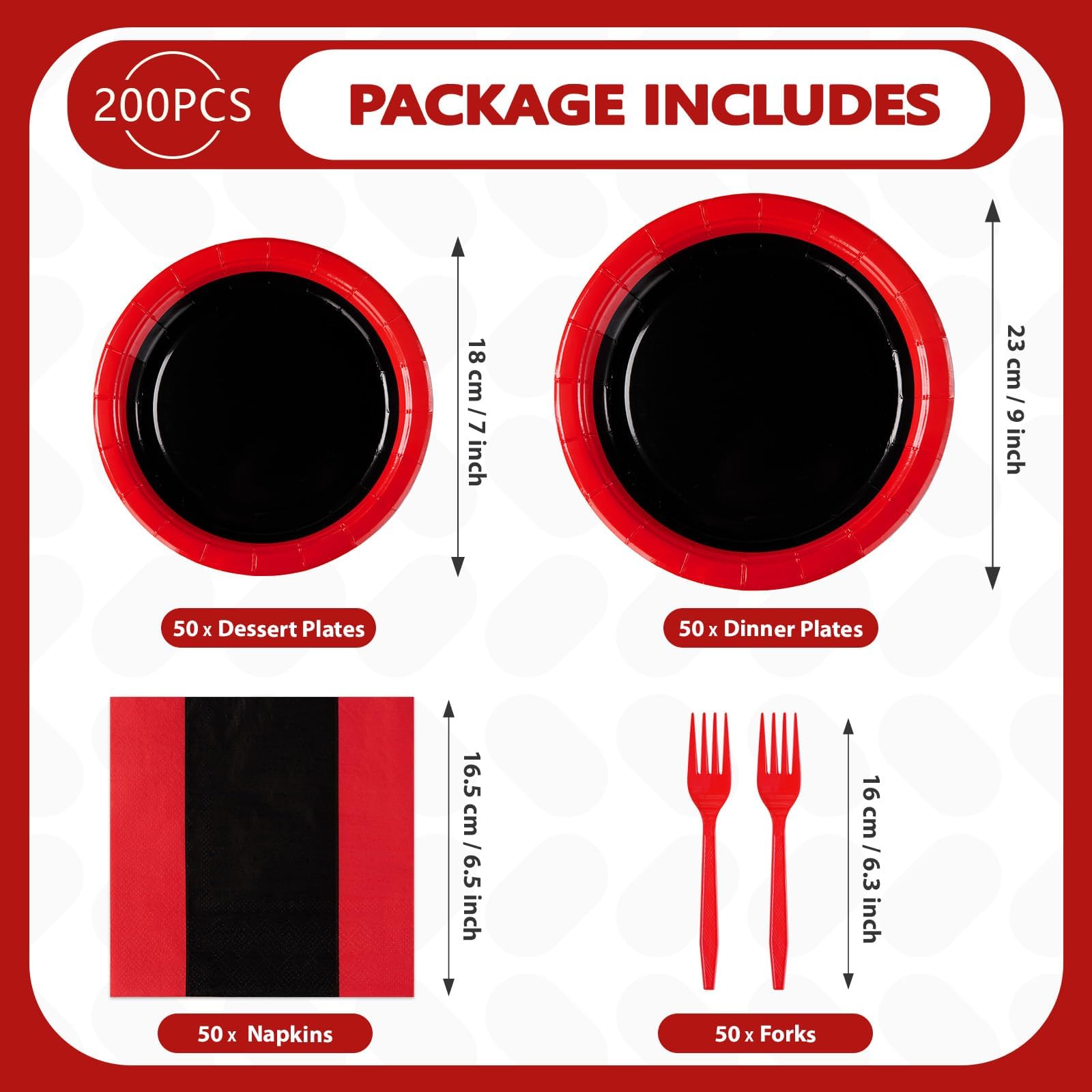 200 Pcs Red and Black Party Plates and Napkins - Grencian