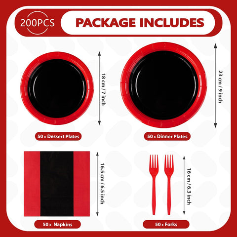200 Pcs Red and Black Party Plates and Napkins - Grencian
