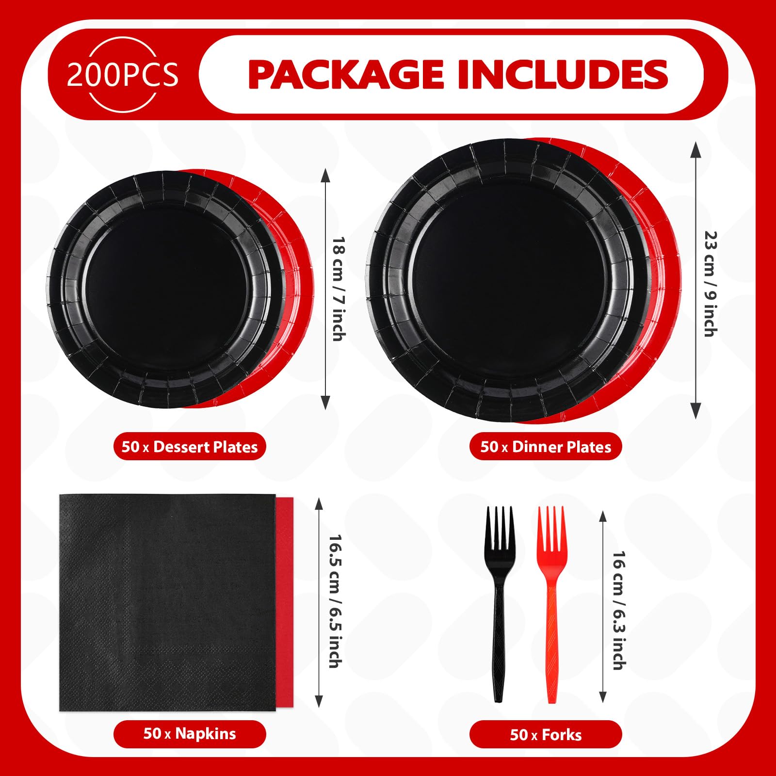 200 Pcs Red and Black Party Plates and Napkins - Grencian