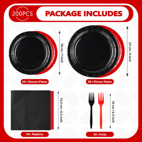 200 Pcs Red and Black Party Plates and Napkins - Grencian
