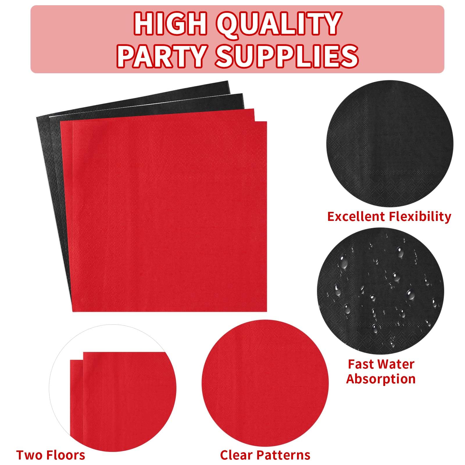 200 Pcs Red and Black Party Plates and Napkins - Grencian