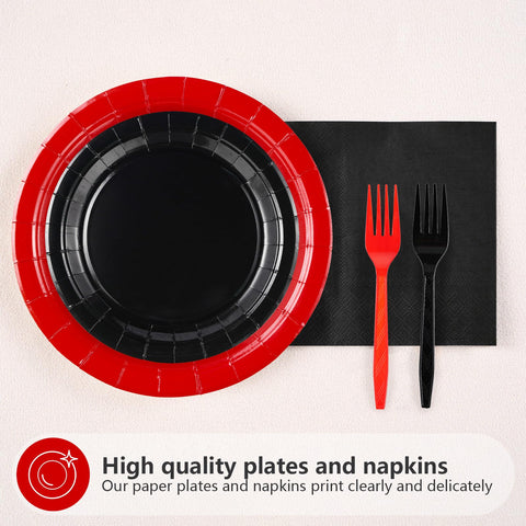 200 Pcs Red and Black Party Plates and Napkins - Grencian