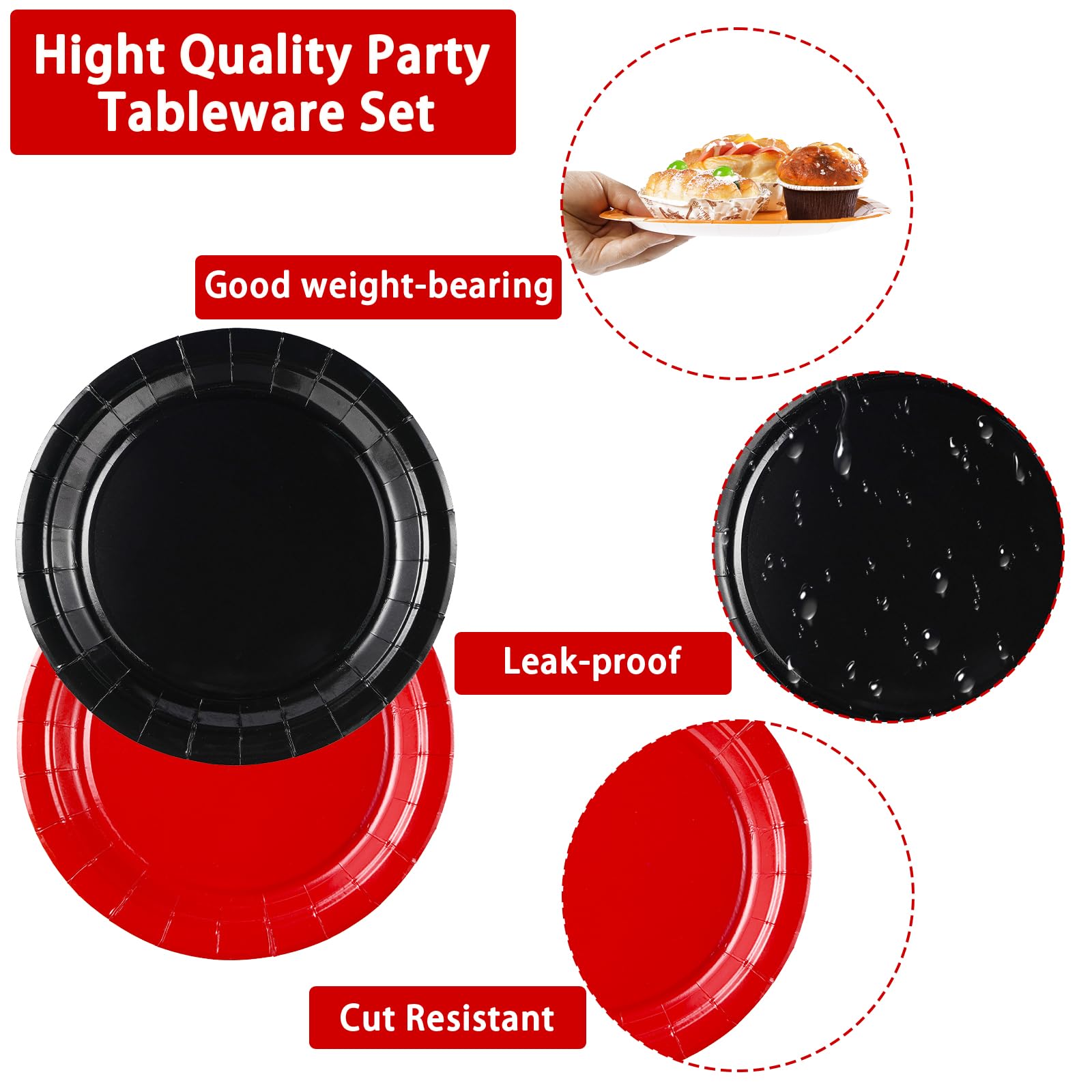 200 Pcs Red and Black Party Plates and Napkins - Grencian