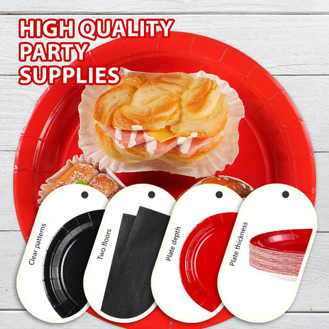 200 Pcs Red and Black Party Plates and Napkins - Grencian