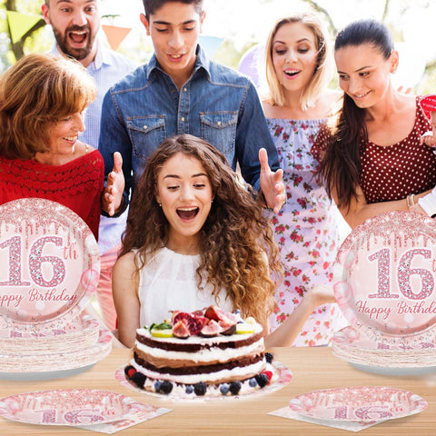 200 Pcs Rose Gold 16th Birthday Party Plates and Napkins - Grencian