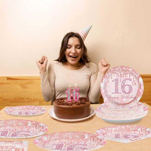 200 Pcs Rose Gold 16th Birthday Party Plates and Napkins - Grencian