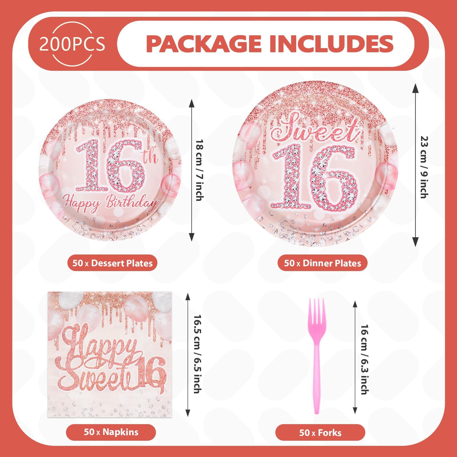 200 Pcs Rose Gold 16th Birthday Party Plates and Napkins - Grencian