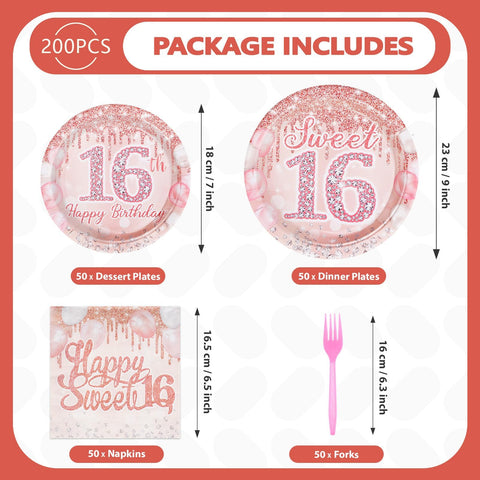 200 Pcs Rose Gold 16th Birthday Party Plates and Napkins - Grencian