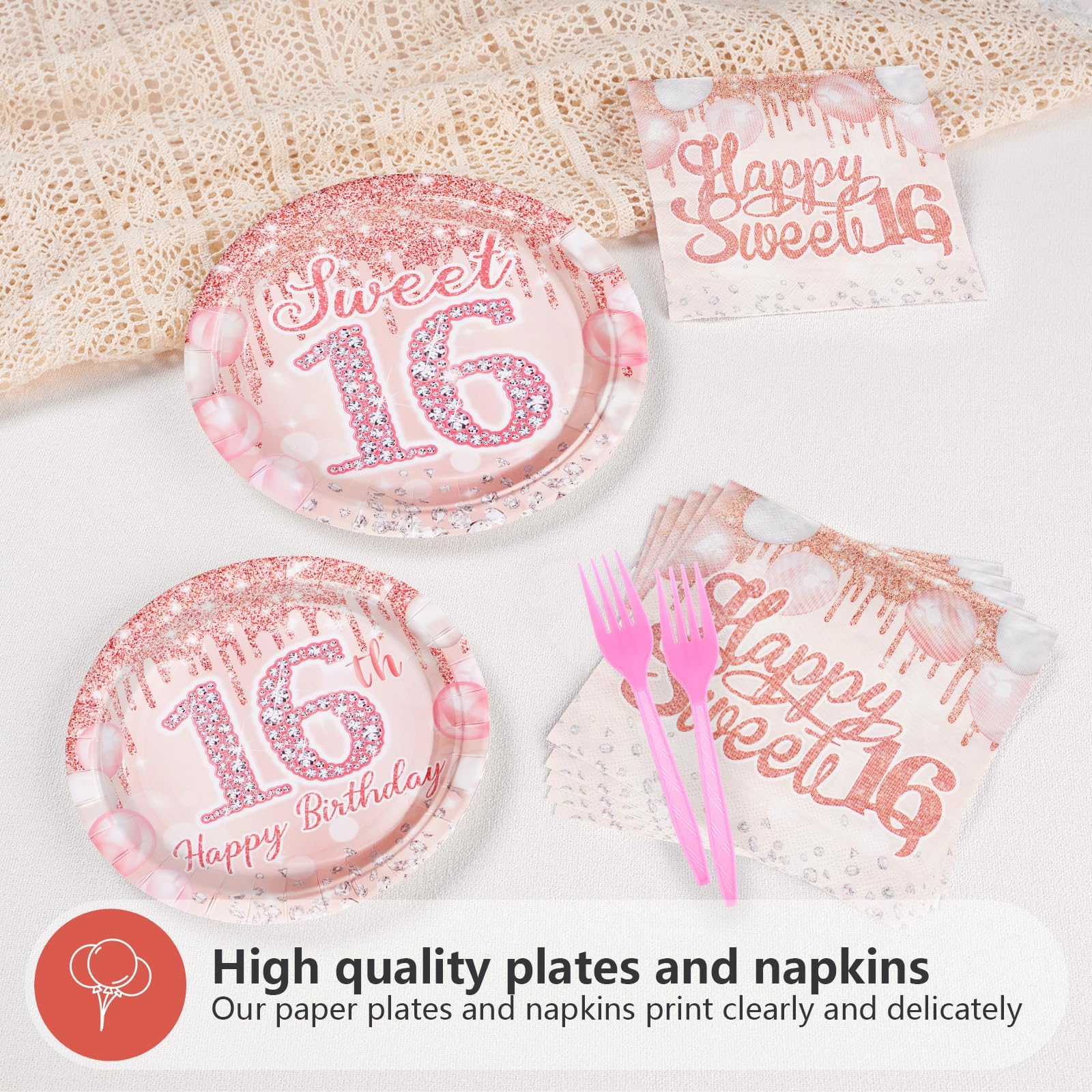 200 Pcs Rose Gold 16th Birthday Party Plates and Napkins - Grencian