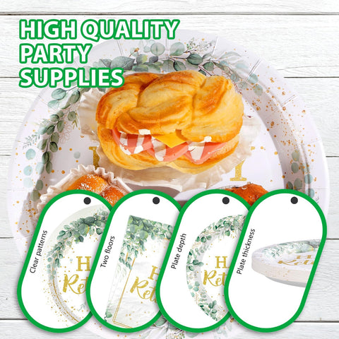 200 Pcs Sage Green Retirement Party Plates and Napkins - Grencian