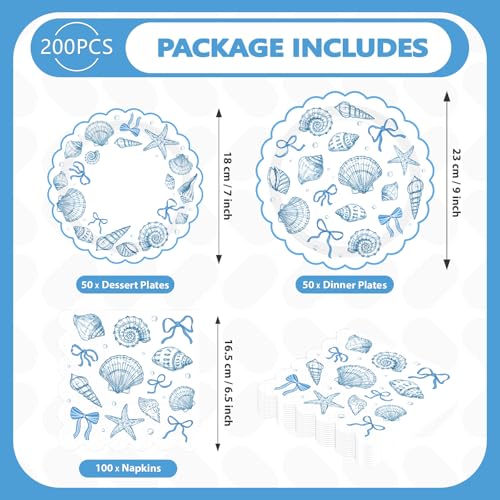200 Pcs Seashell Scalloped Party Plates and Napkins - Grencian