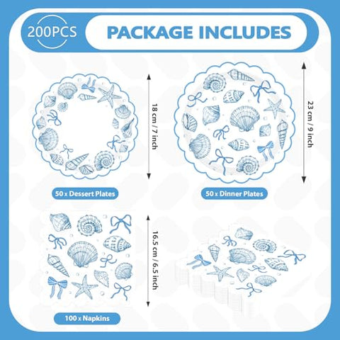200 Pcs Seashell Scalloped Party Plates and Napkins - Grencian