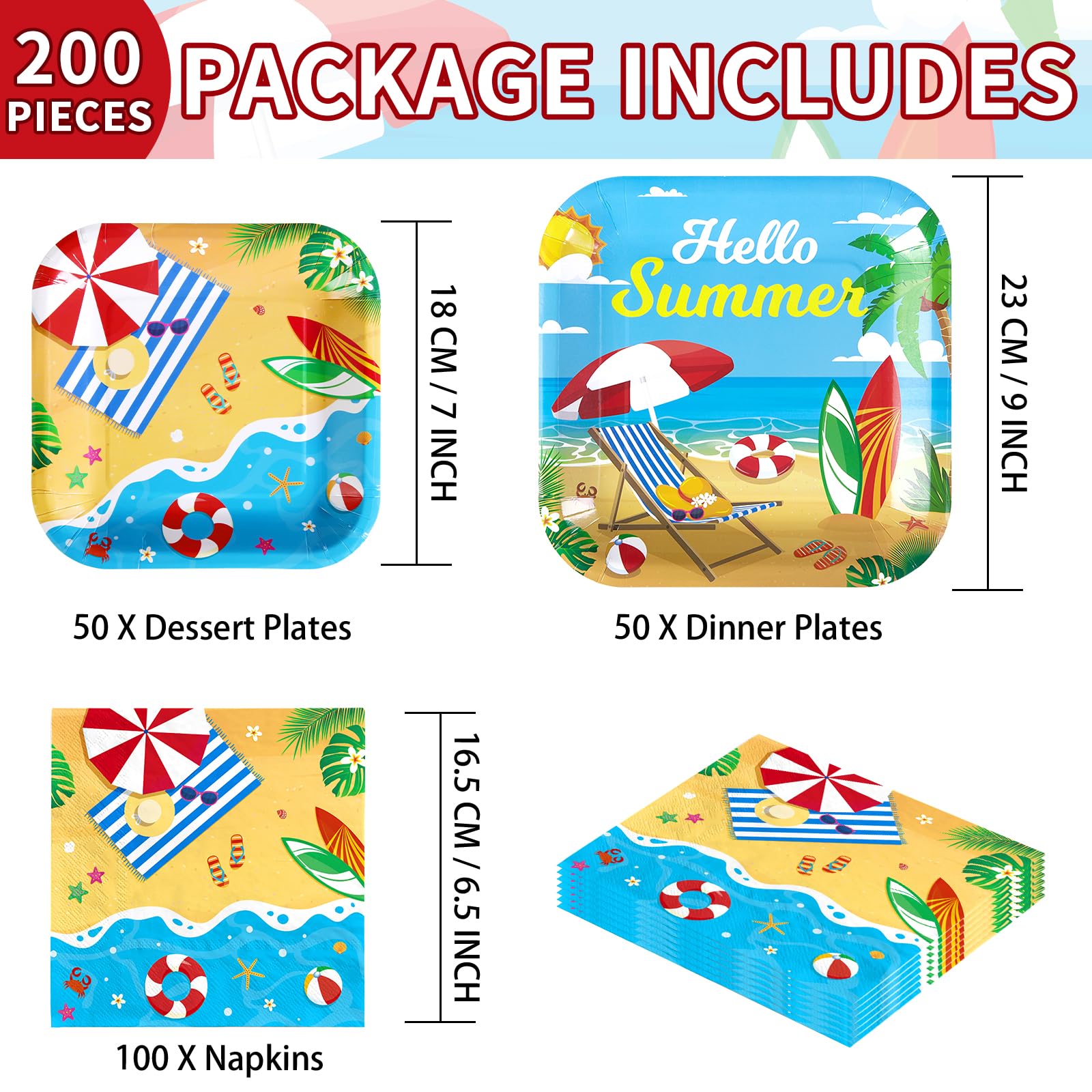 200 Pcs Summer Beach Party Plates and Napkins - Grencian