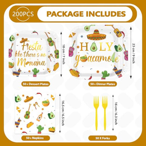 200 Pcs Taco Fiesta Party Square Plates and Napkins - Grencian