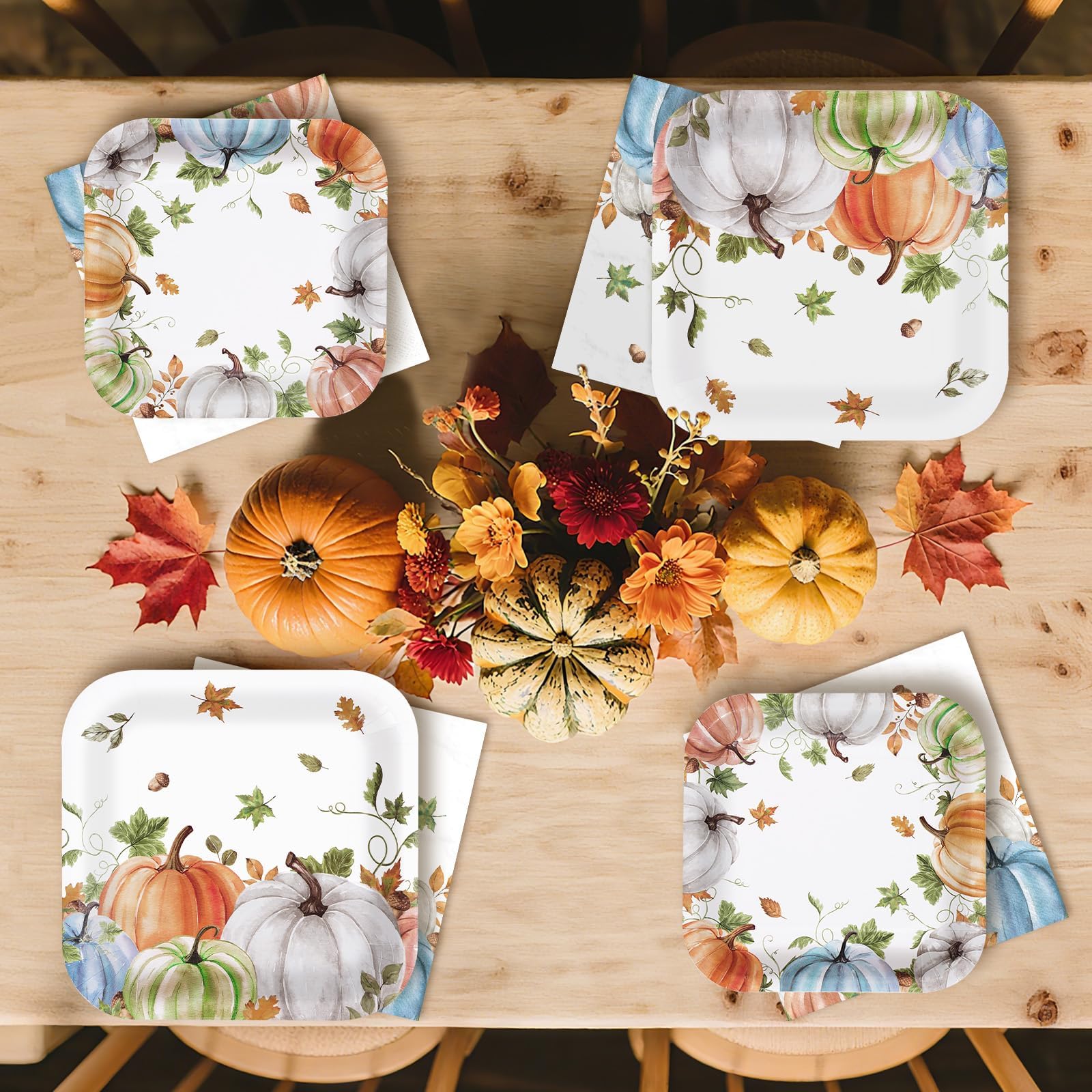 200 Pcs Thanksgiving Pumpkin Square Party Plates and Napkins - Grencian
