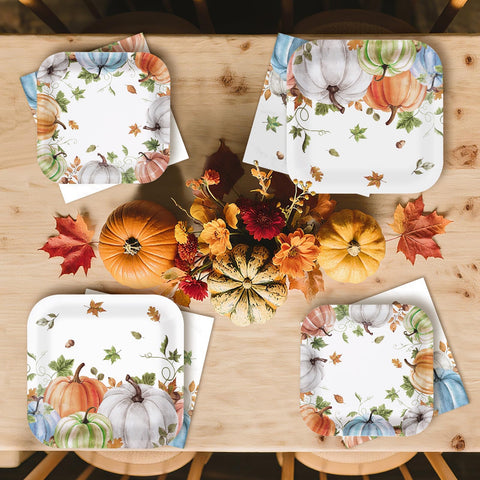 200 Pcs Thanksgiving Pumpkin Square Party Plates and Napkins - Grencian