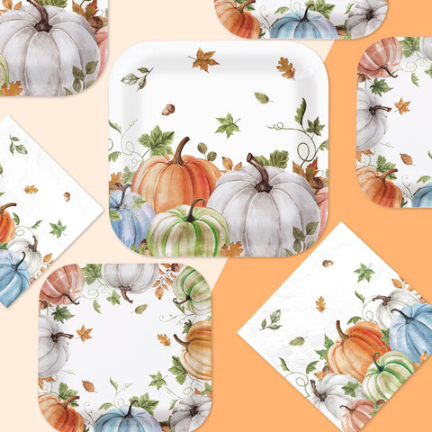 200 Pcs Thanksgiving Pumpkin Square Party Plates and Napkins - Grencian